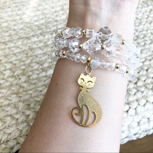 Set of 3 Crystal Bracelets with Gold plated Cat